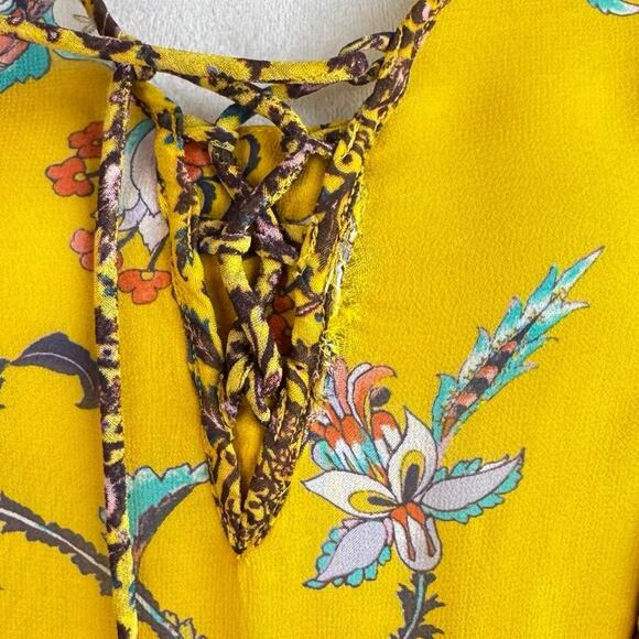 Anthropologie Marigold Yellow Bright Floral Ruffle V-neck Sheer Tunic Blouse - Picture 7 of 15